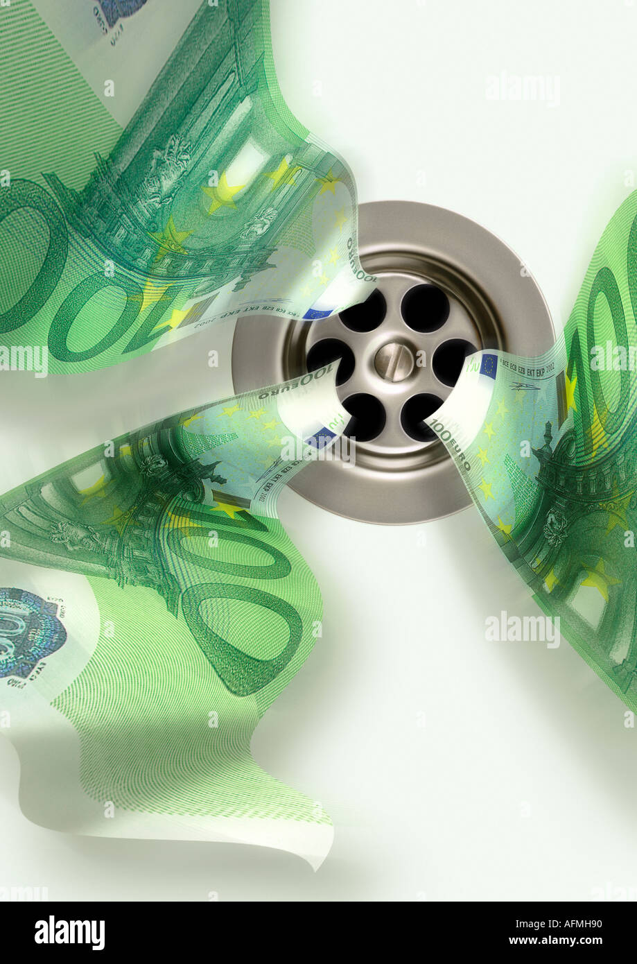 Drain with money Abfluss mit Geldscheinen Stock Photo