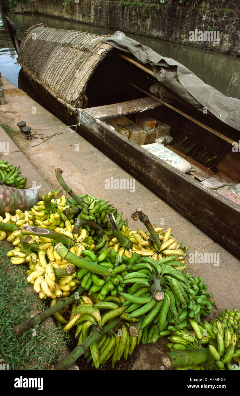 India Kerala Cochin bananas backwater boat Stock Photo