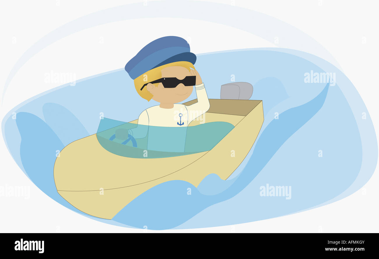 Boy motor boating Stock Photo - Alamy