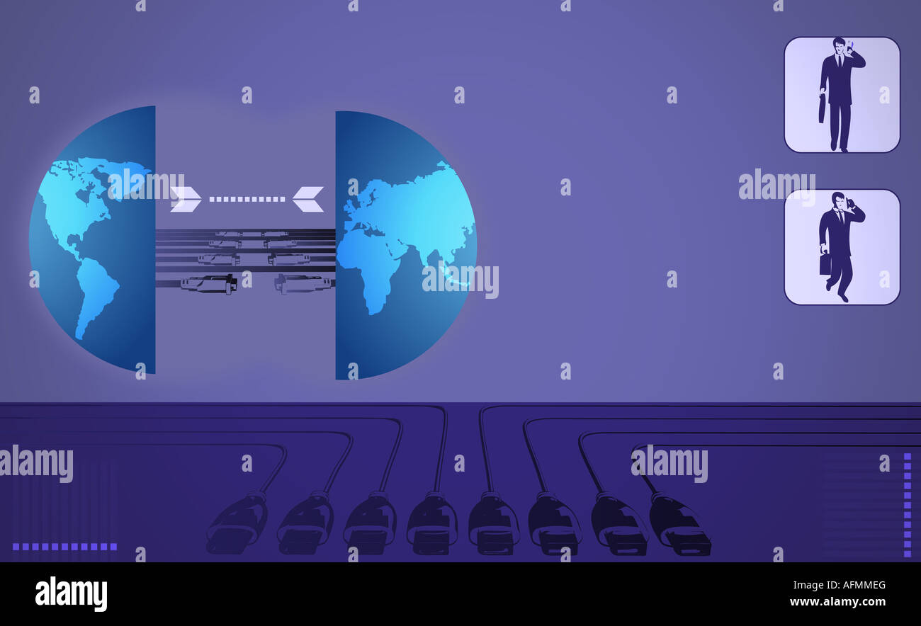 Cables connecting two hemispheres of a globe Stock Photo