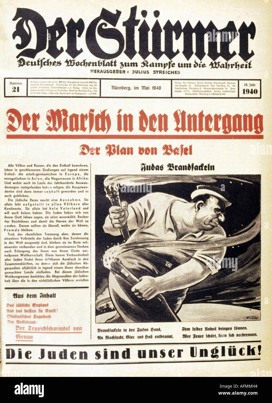 Nazism / National Socialism, press, newspaper "Der Stürmer", number 21, Nuremberg, May 1940, title, caricature by Fips, Stock Photo