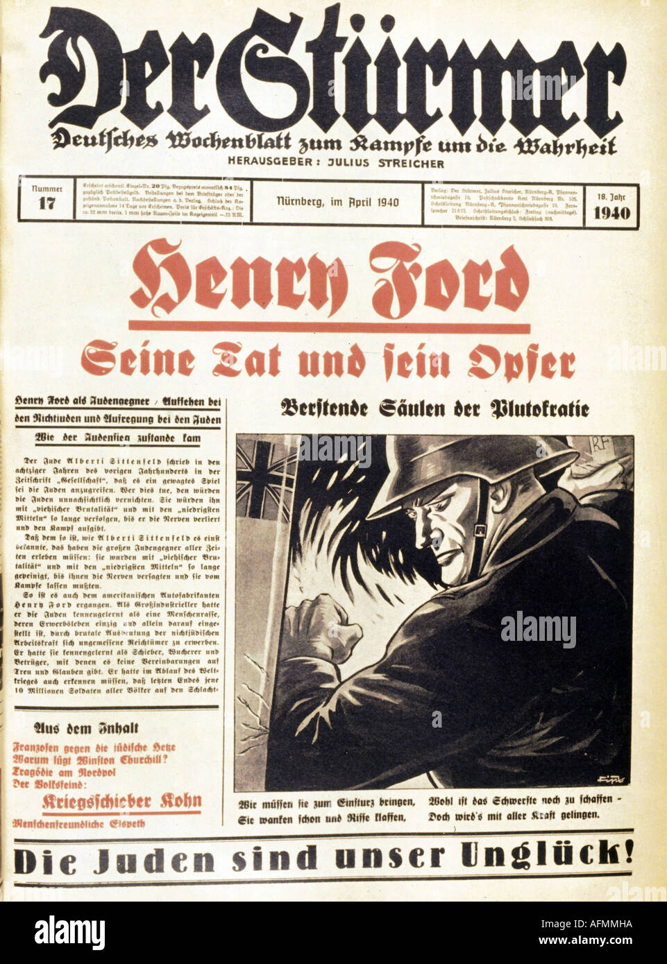 Nazism / National Socialism, press, newspaper "Der Stürmer", number 17, Nuremberg, April 1940, title, caricature by Fips, Stock Photo