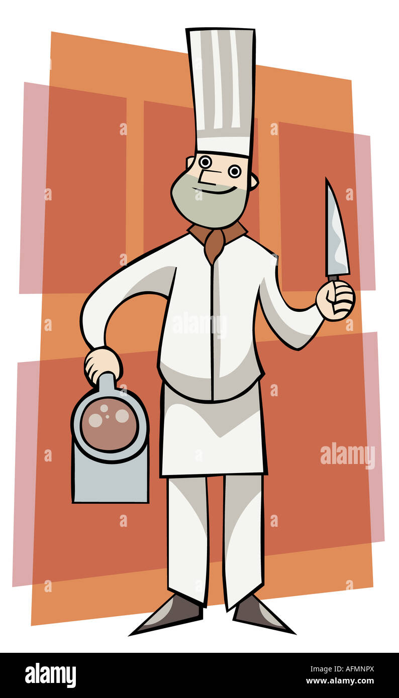 Portrait of a chef holding a knife and a pot Stock Photo