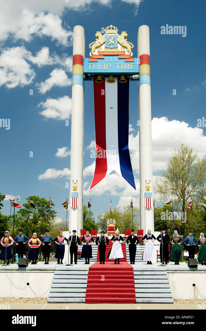 Tulip time celebrations with Dutch dancers on the main stage in Pella Iowa USA Stock Photo