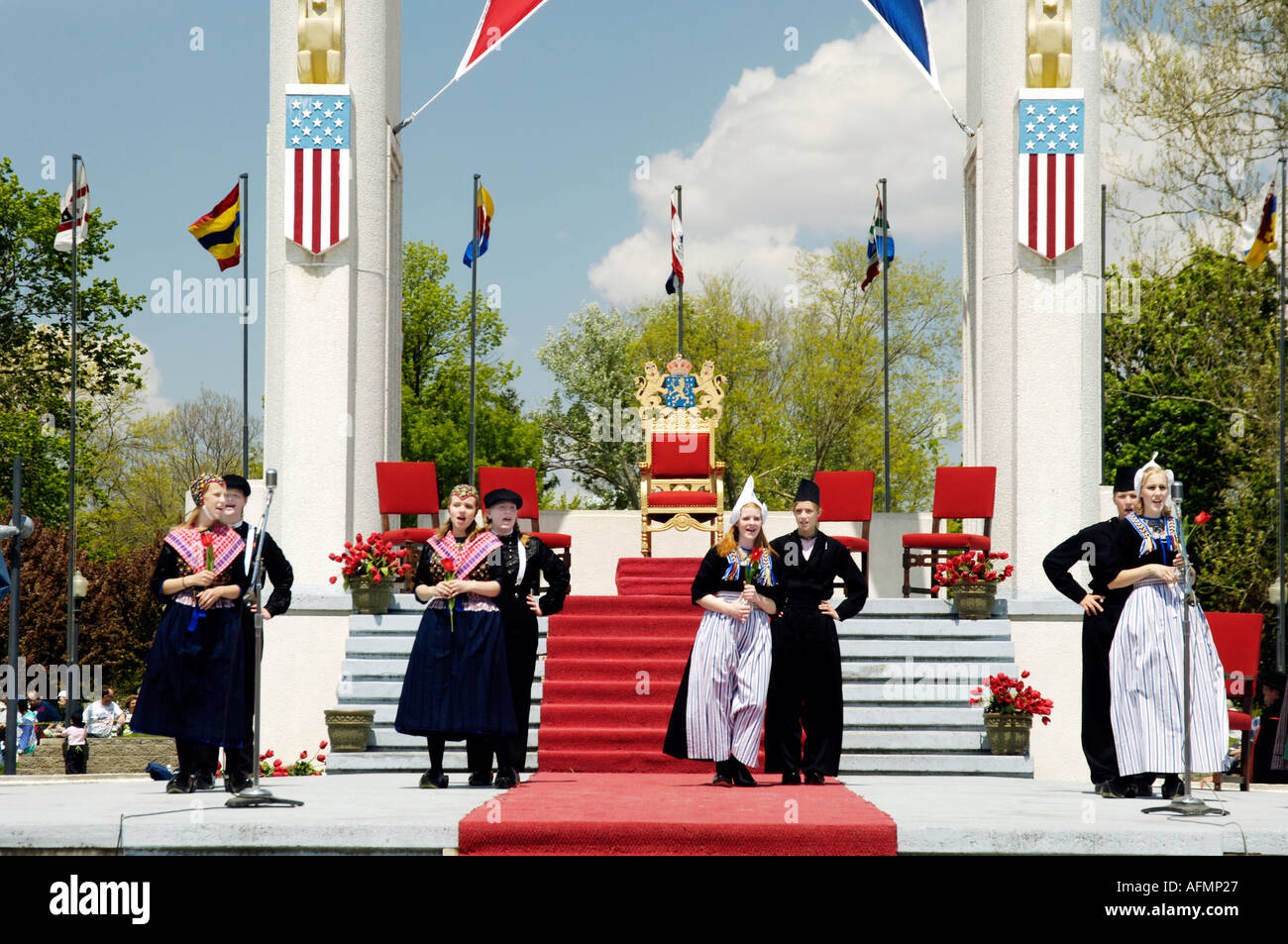 Dutch dancers performing on stage at Tulip Time in Pella Iowa USA Stock