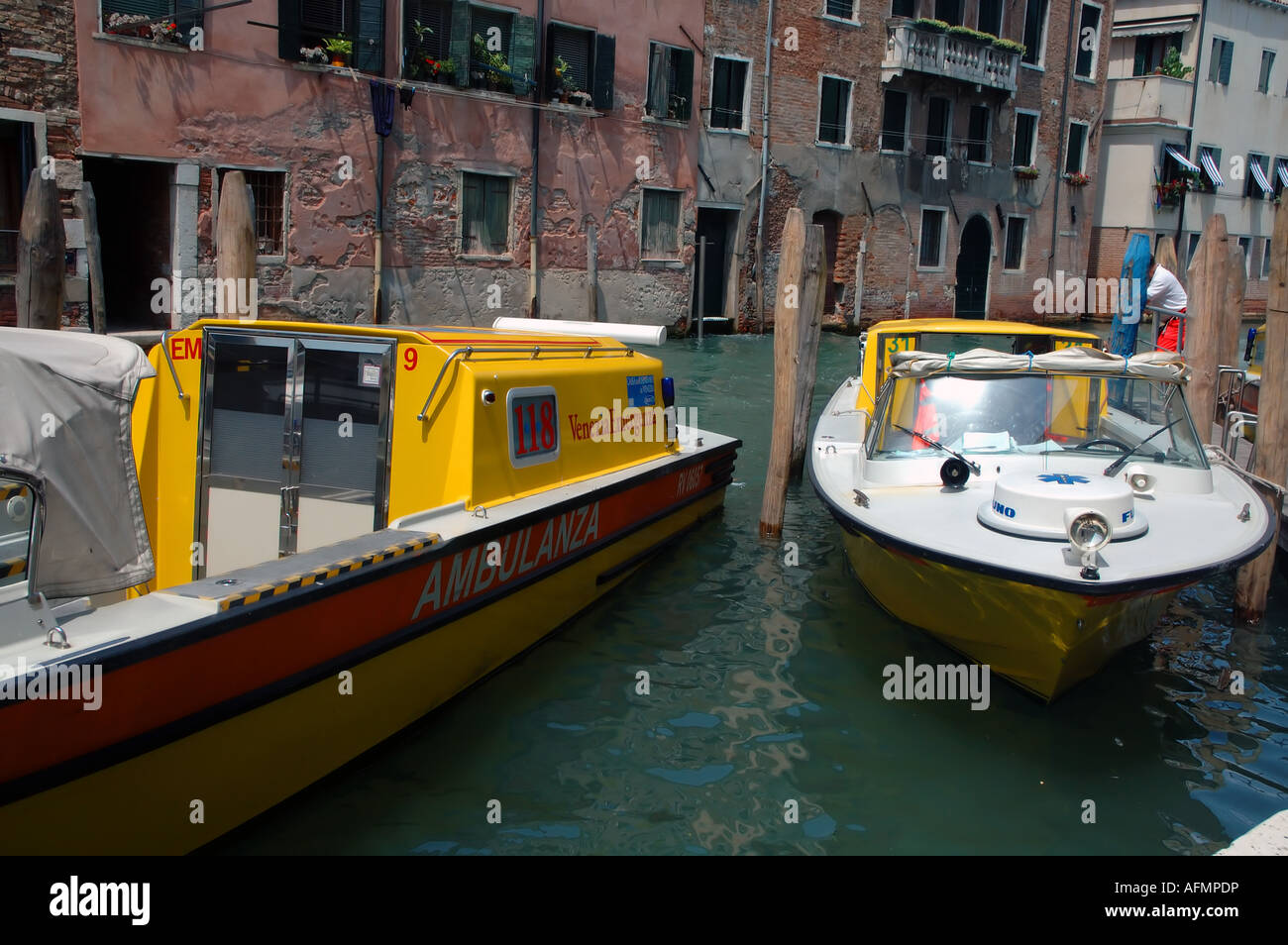 Ambulance boats moored outside hospital Venice Italy No PR Stock Photo