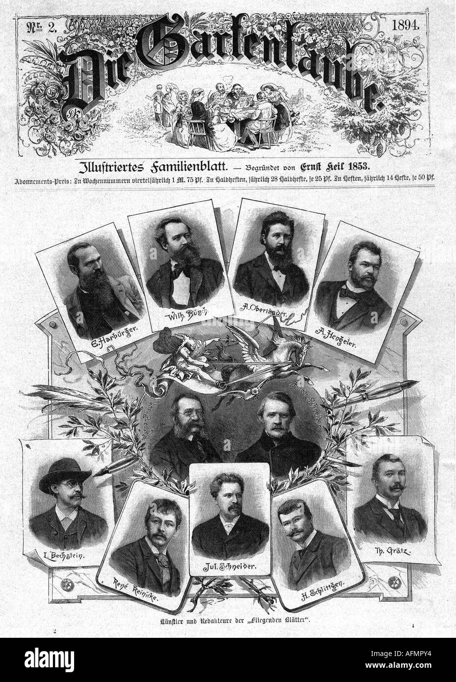 press / media, magazines, 'Die Gartenlaube', title, number 2, 1894, artists and editors of 'Fliegende Blätter', engraving, Stock Photo