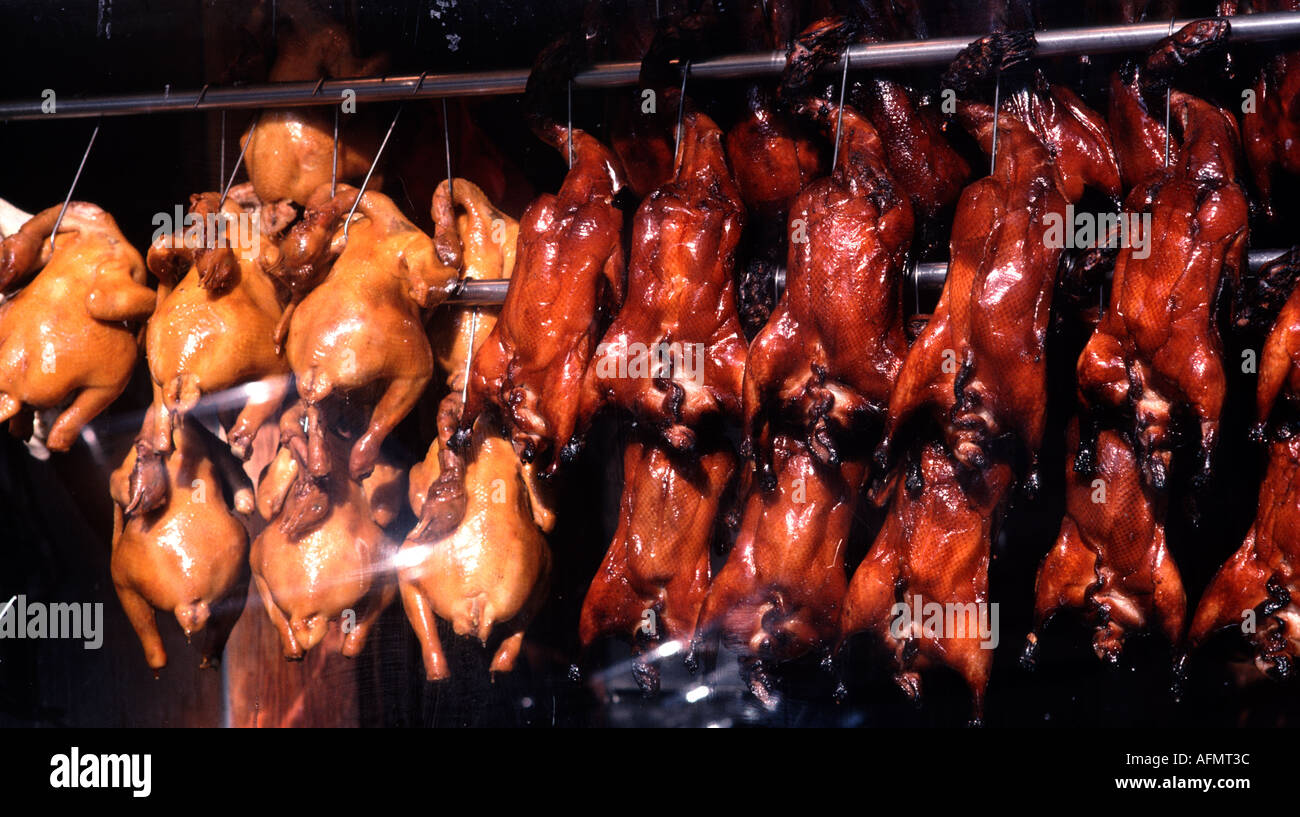 roast duck soy sauce chicken in restaurant s window Chinatown San