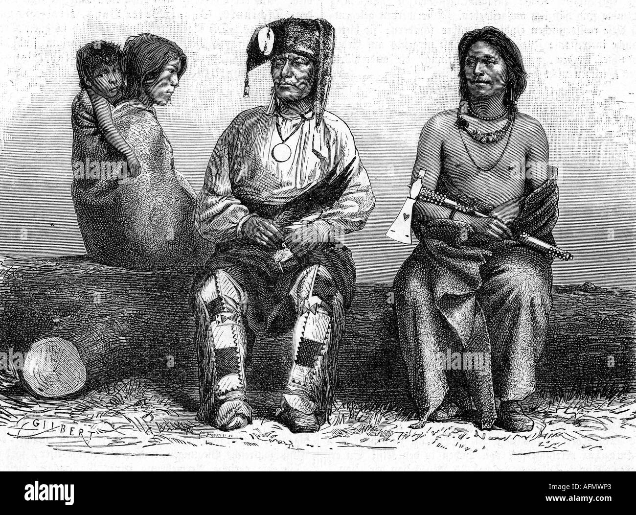 geography/travel, USA, people, Native Americans, tribes, Paiute, family, engraving after drawing by Gilbert, 19th century, American Indians, North America, historic, historical, Stock Photo