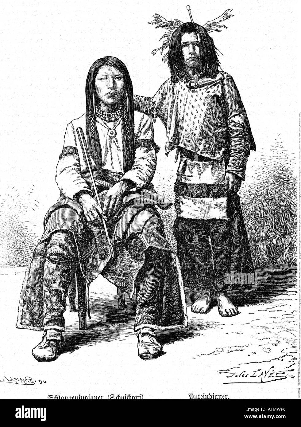geography/travel, USA, people, Native Americans, tribes, Shoshone and Yute, engraving by Charles Laplante after drawing by Jules Lavee, 19th century, American Indians, North America, historic, historical, Stock Photo