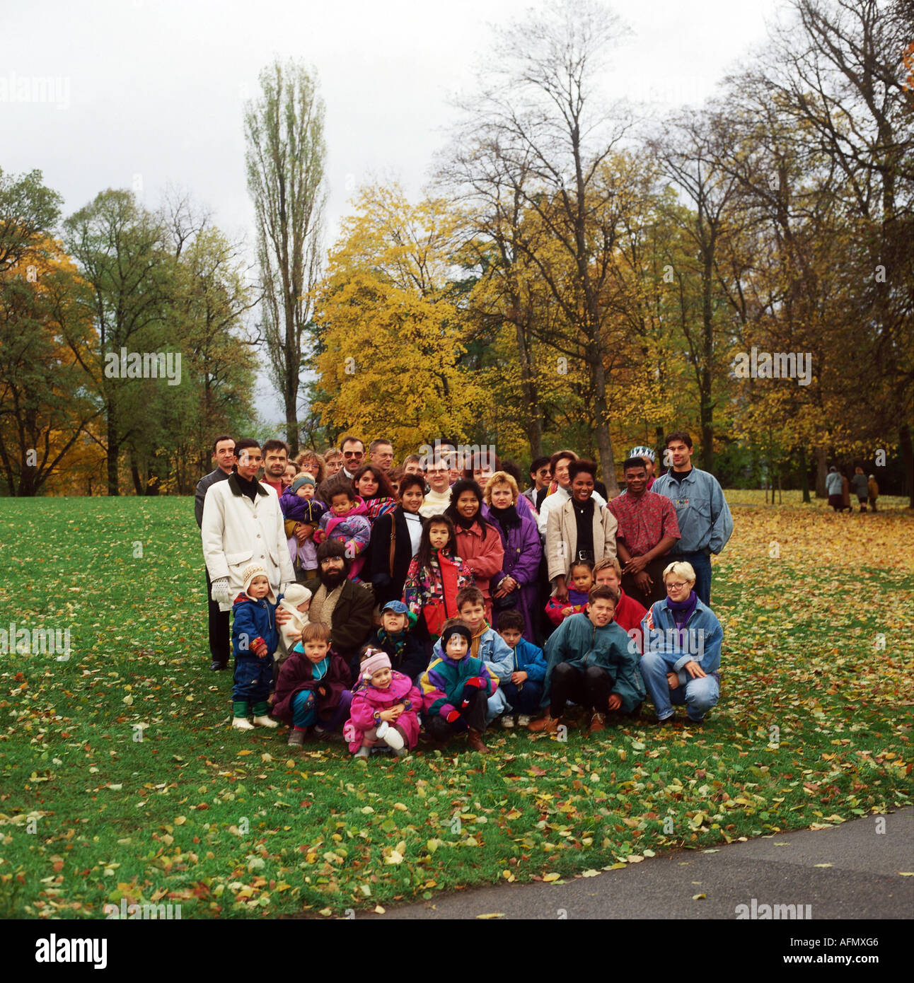 people, friendship, group foreigners and Germans, campaign against xonophobia, Germany, 1990s, 90s, multicultural, different cul Stock Photo