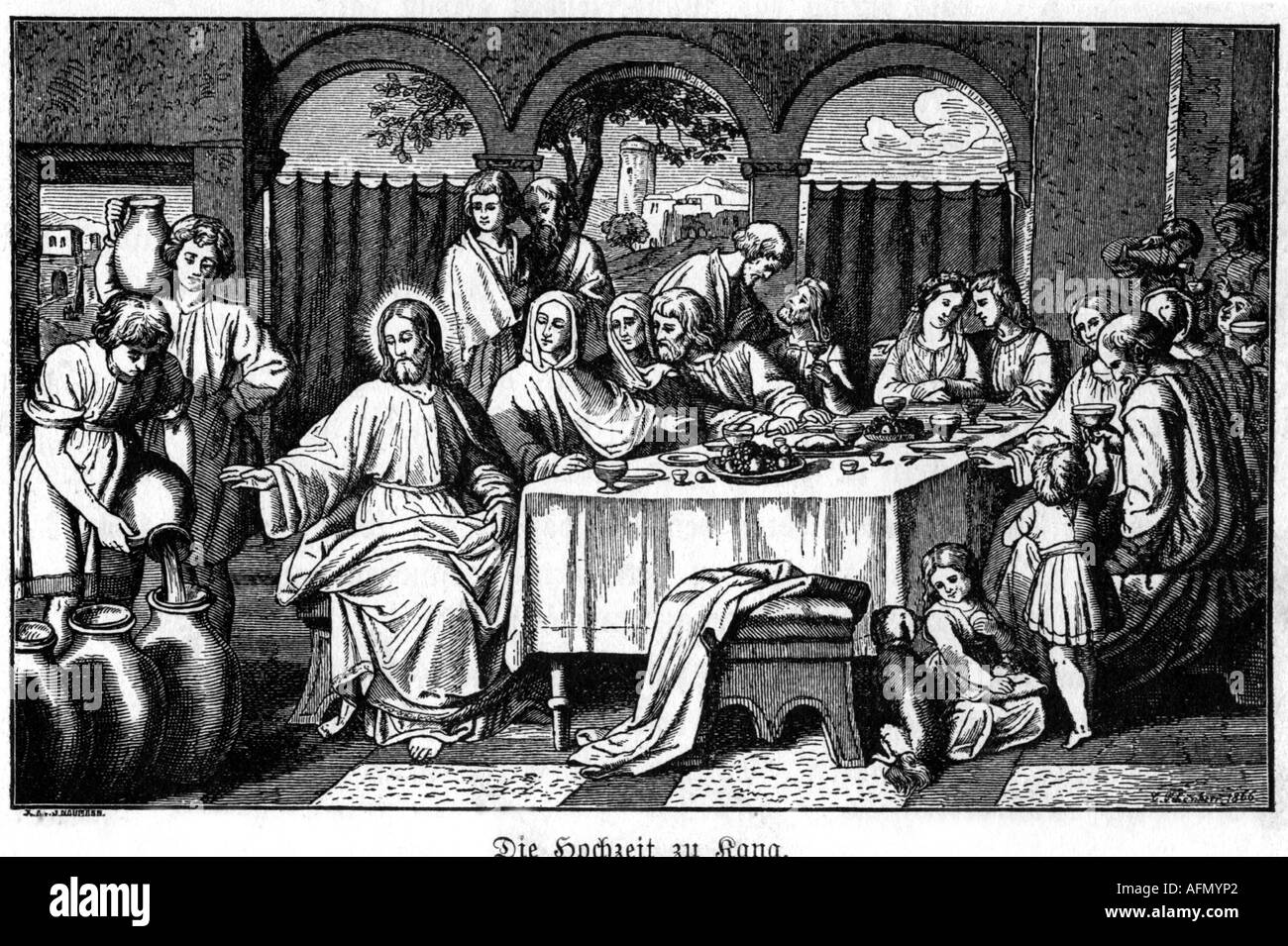 religion, biblic scenes, Wedding at Cana, engraving, 19th century, wine,  water, miracle, miracles, wonder, wonders, christianity, pot, tank, Jesus,  Christ, religion, Bible, New Testament Stock Photo - Alamy