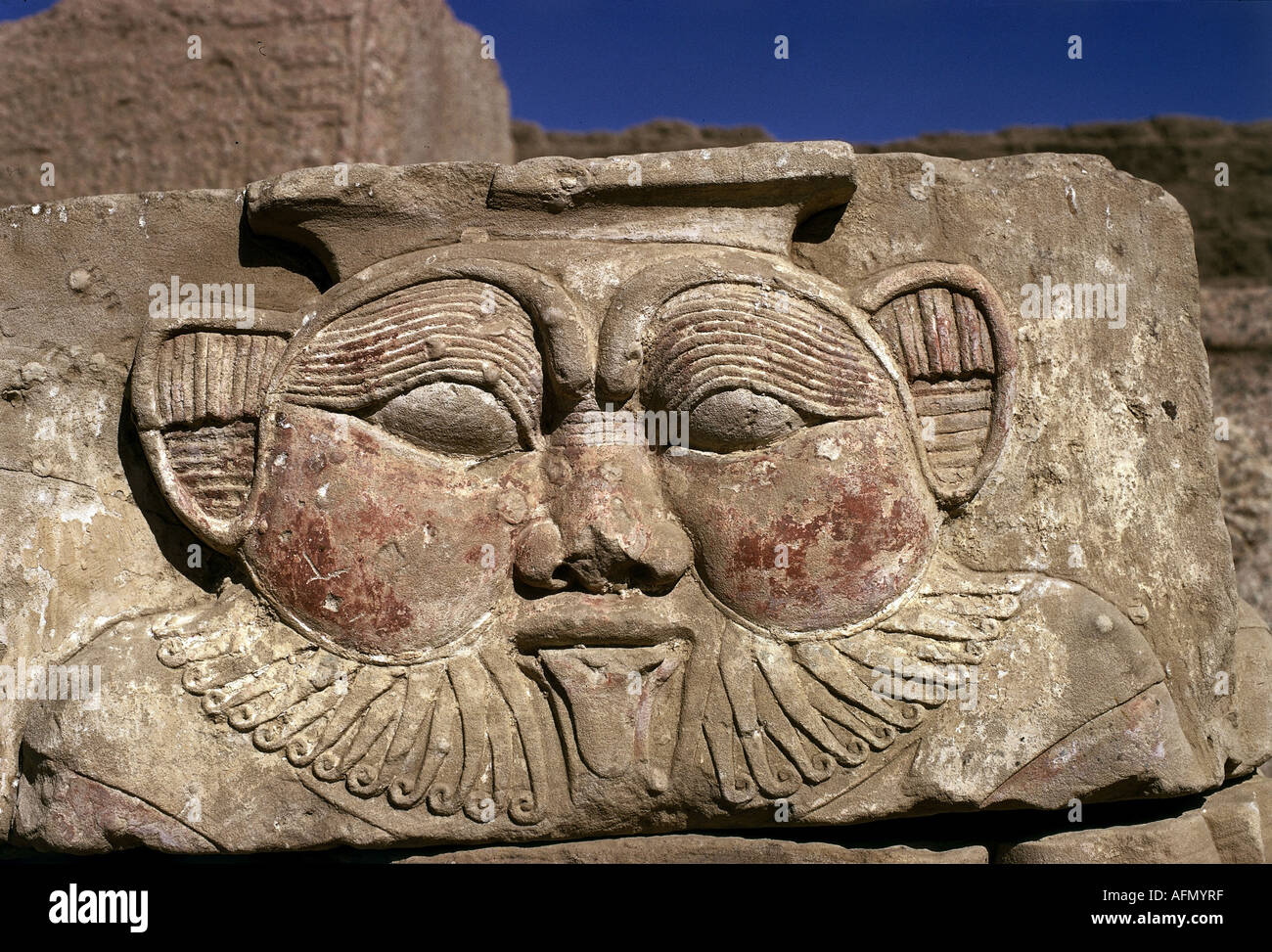 geography/travel, Egypt, religion, head of god Bes, relief, Hathor temple,  Dendera, ptolemaic period, 323 - 30 BC, ancient world, fine arts,  sculpture, historic, historical, ancient world Stock Photo - Alamy
