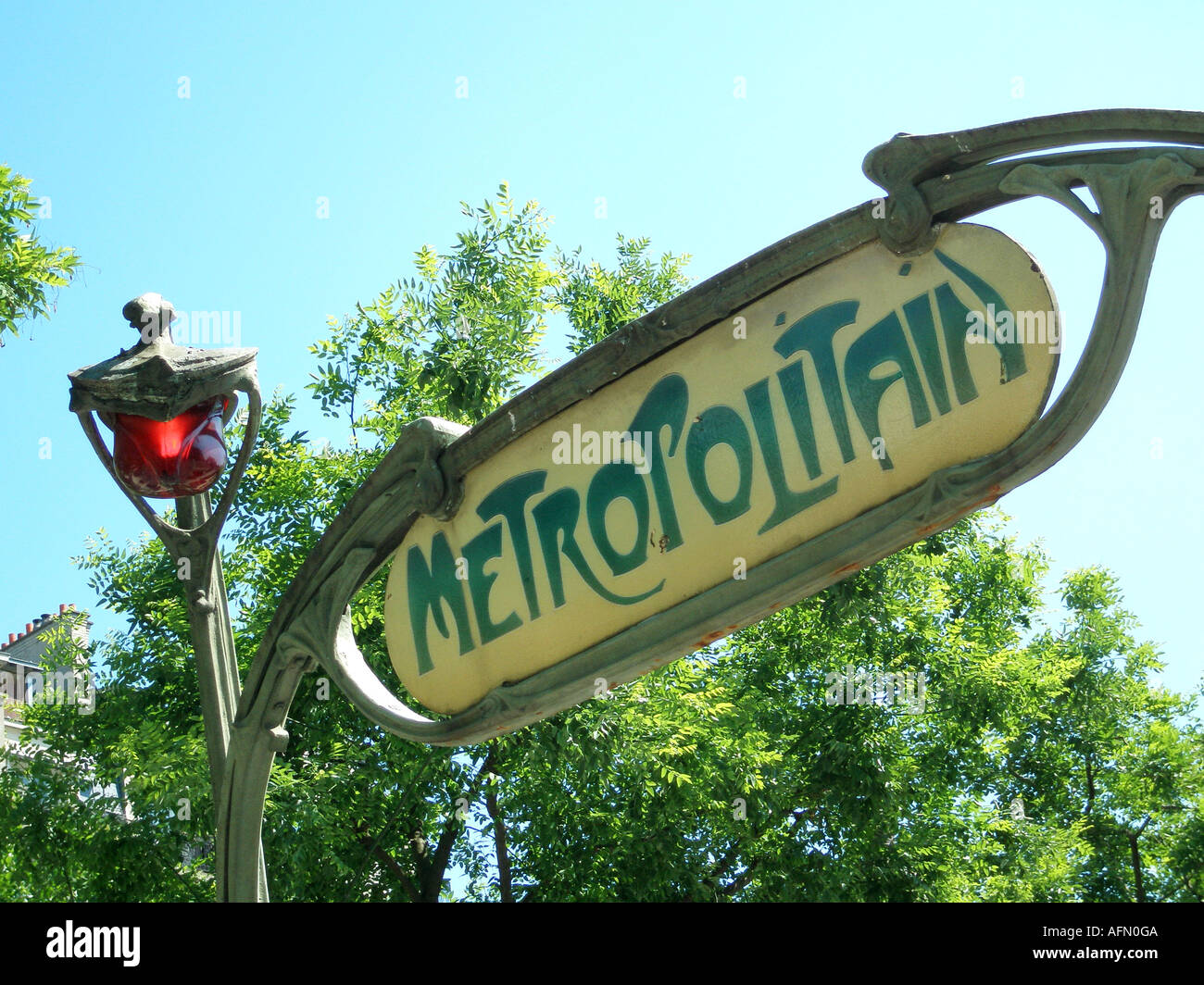 detail of Metropolitan sign with street lamp at Boulevard Richard Lenoir metro entrance  Paris France Stock Photo