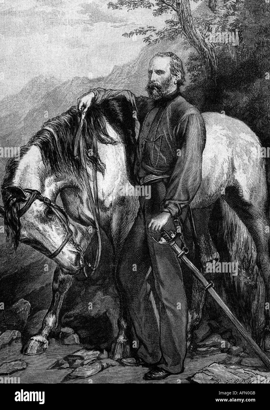 Garibaldi, Giuseppe, 4.7.1807 - 2.6.1882, Italian freedom fighter, full length, horse, engraving, 1861, , Stock Photo