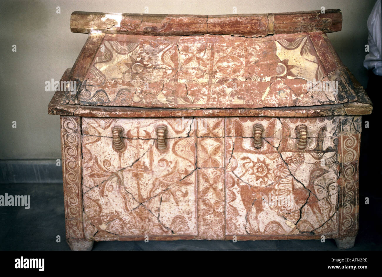 death, coffins, sarcophagus, Minoan period, 2nd millenium BC, Heraklion Museum, Crete, fine arts, ancient world, Greece, painting, coffin, historic, historical, ancient world, Stock Photo