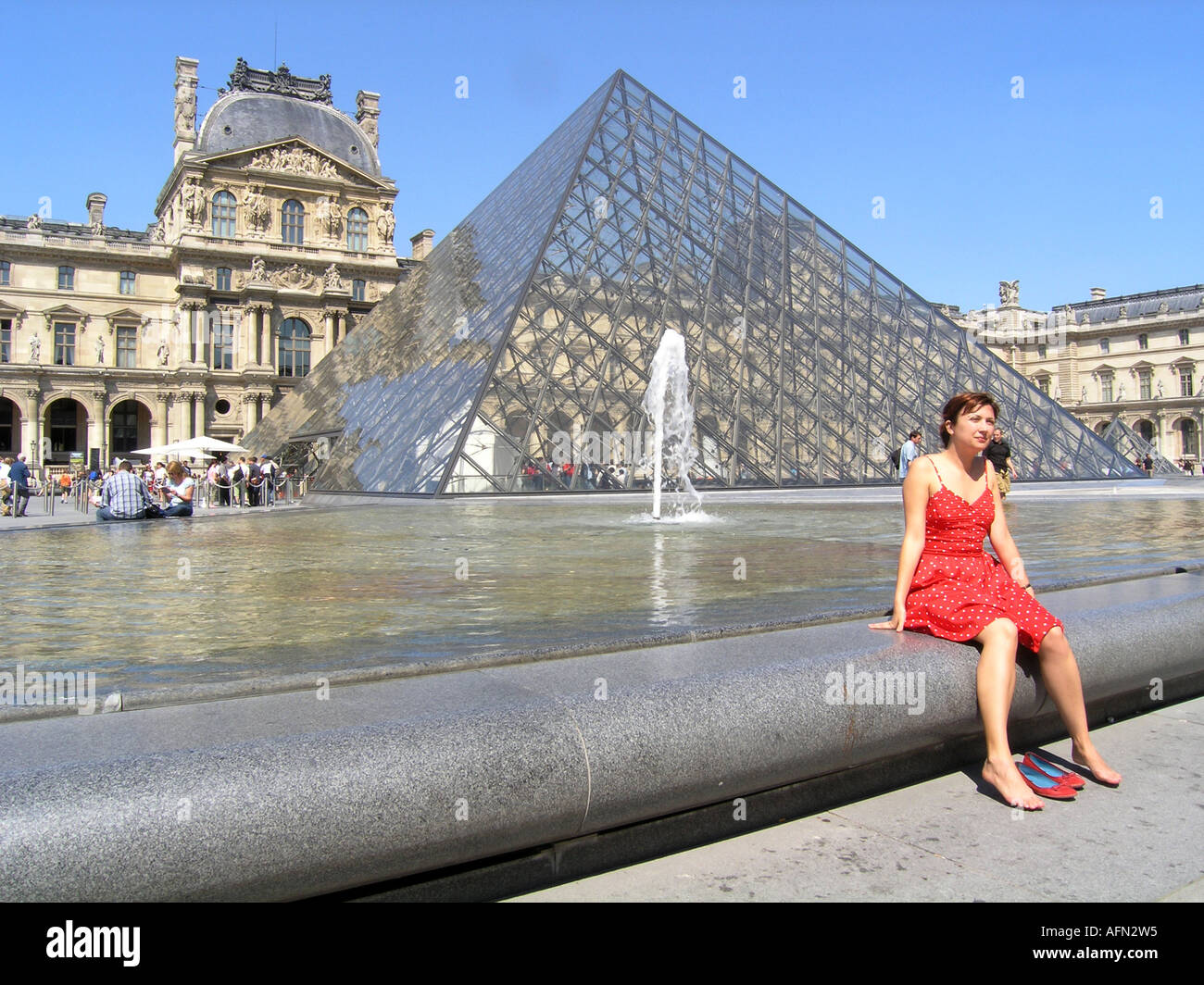 view of Louvre Pyramid with Richelieu wing and woman in red relaxing by  pond Paris France Stock Photo - Alamy