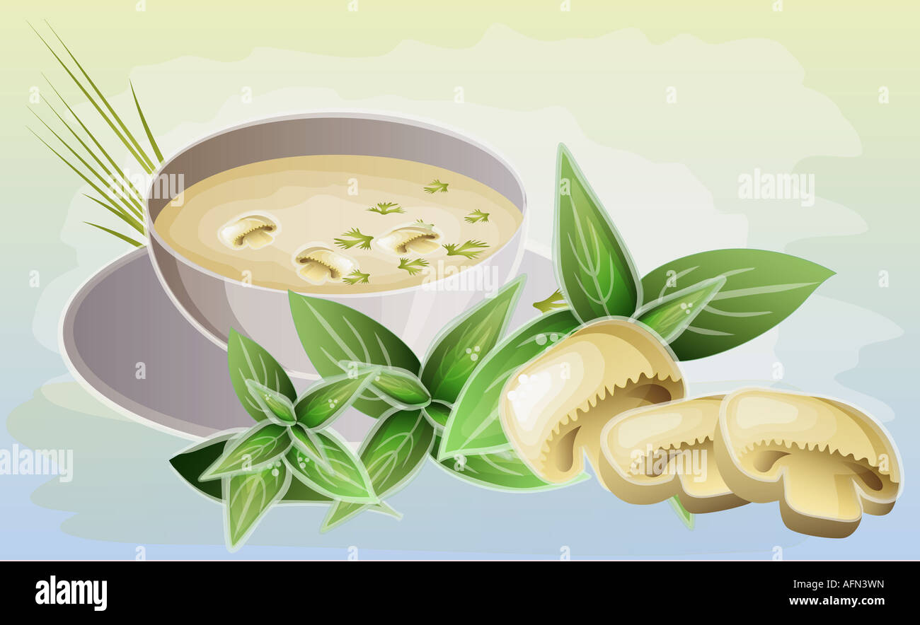Bowl of mushroom soup with mushrooms Stock Photo