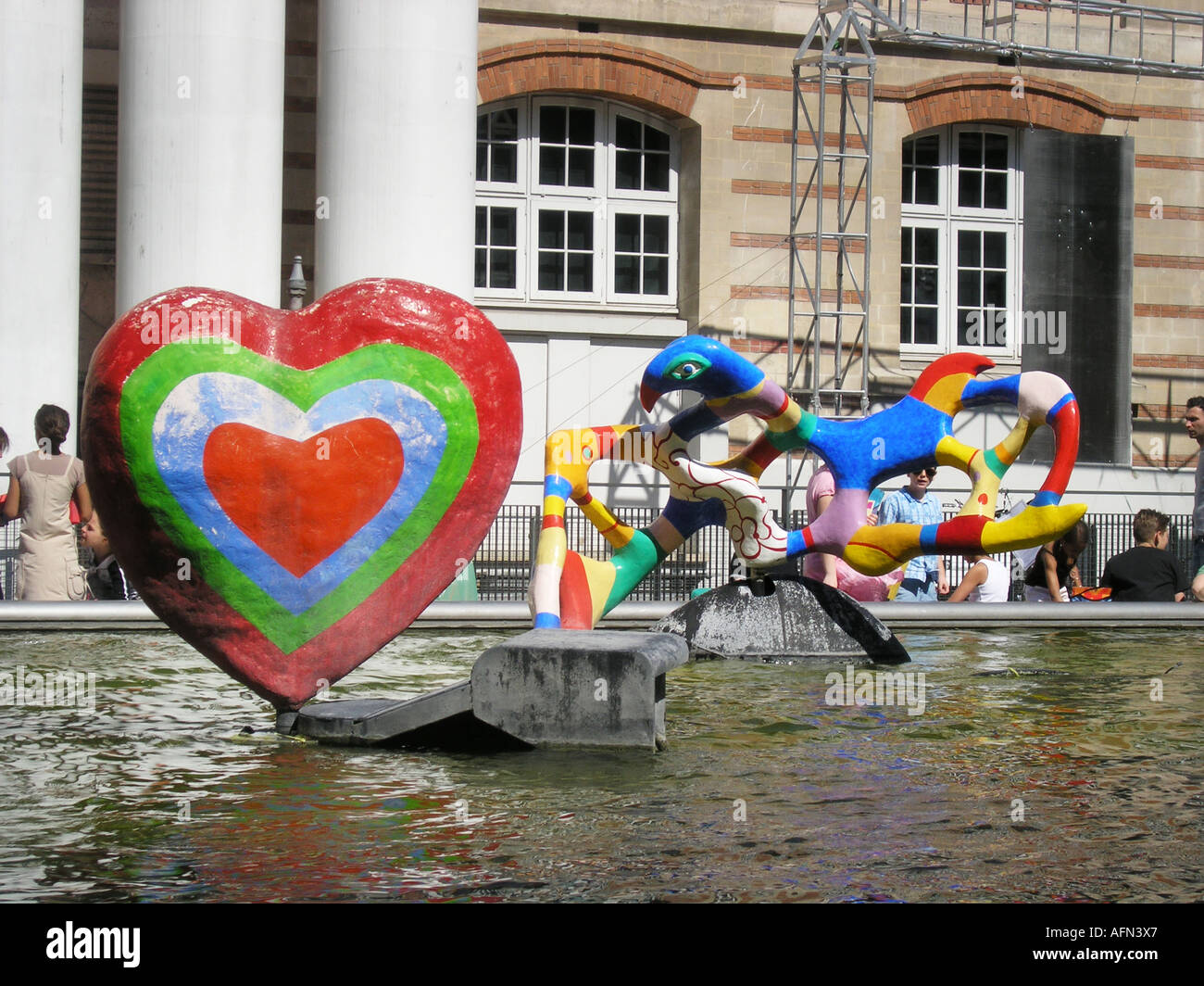 colourful Tinguely fountain at Place Igor Stravinsky Paris France with heart shaped object of art Stock Photo