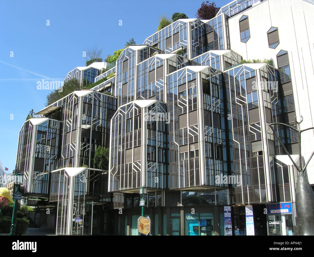 Architectural detail of apartment block near Forum des Halles Paris France with roof gardens and glass facade Stock Photo