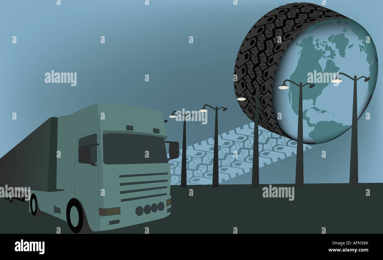 Semitruck on the road near a tire showing the world map Stock Photo