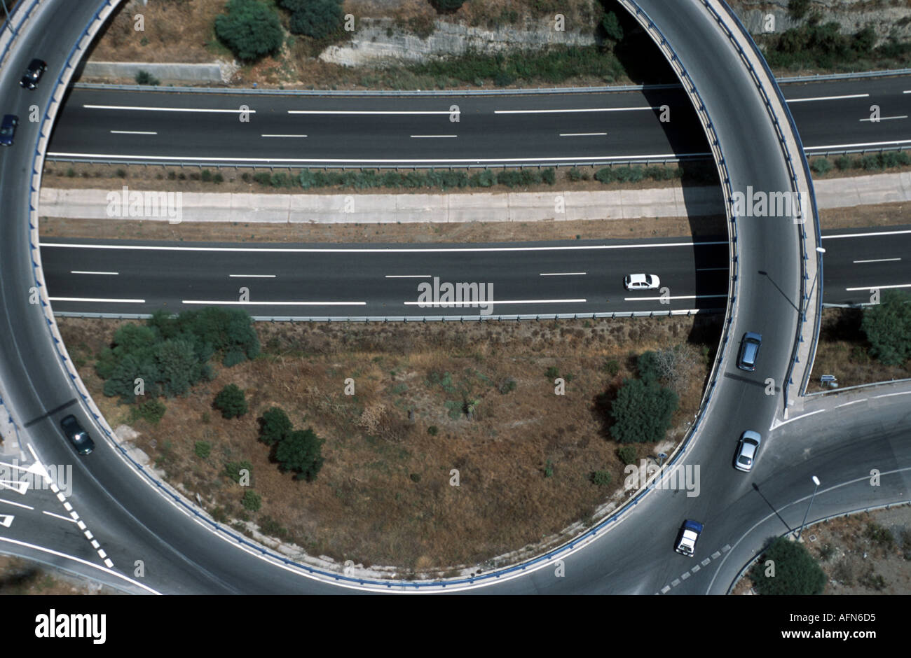 Aerial view of roundabout on coast road, Costa del Sol, southern Spain Stock Photo