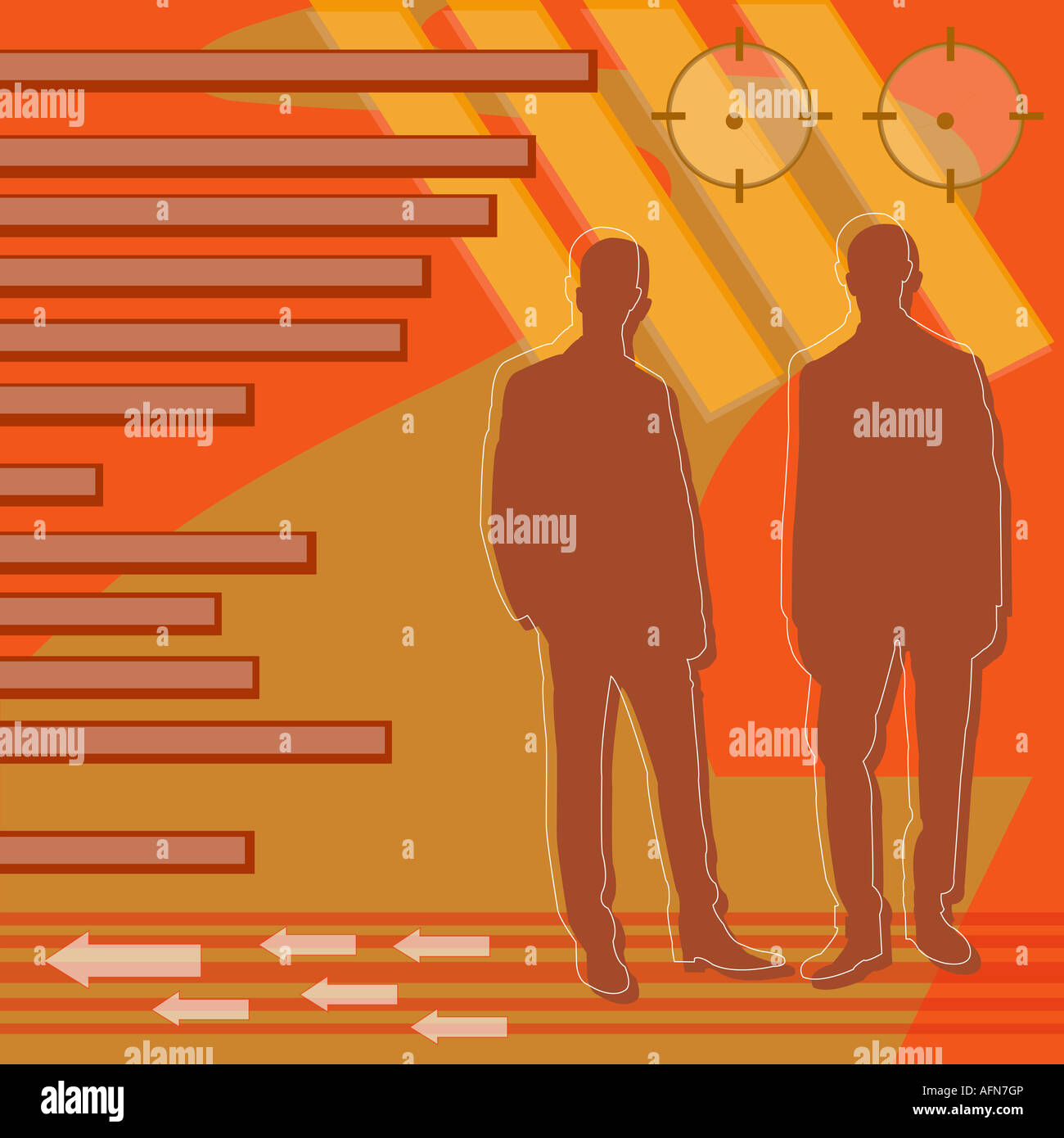 Two businessmen with a bar graph and arrow signs Stock Photo - Alamy