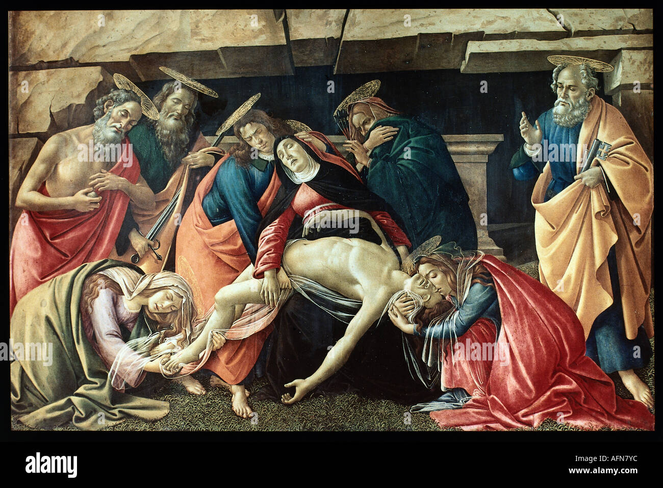 'fine arts, Botticelli, Sandro, (1444/5 - 1510), Italian artist (painter), 'Lamentation of Christ', circa 1490, panel, 140 x 2 Stock Photo