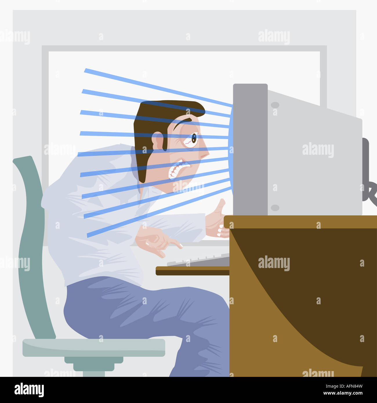 Man sitting at computer with radiation emitting from it Stock Photo - Alamy