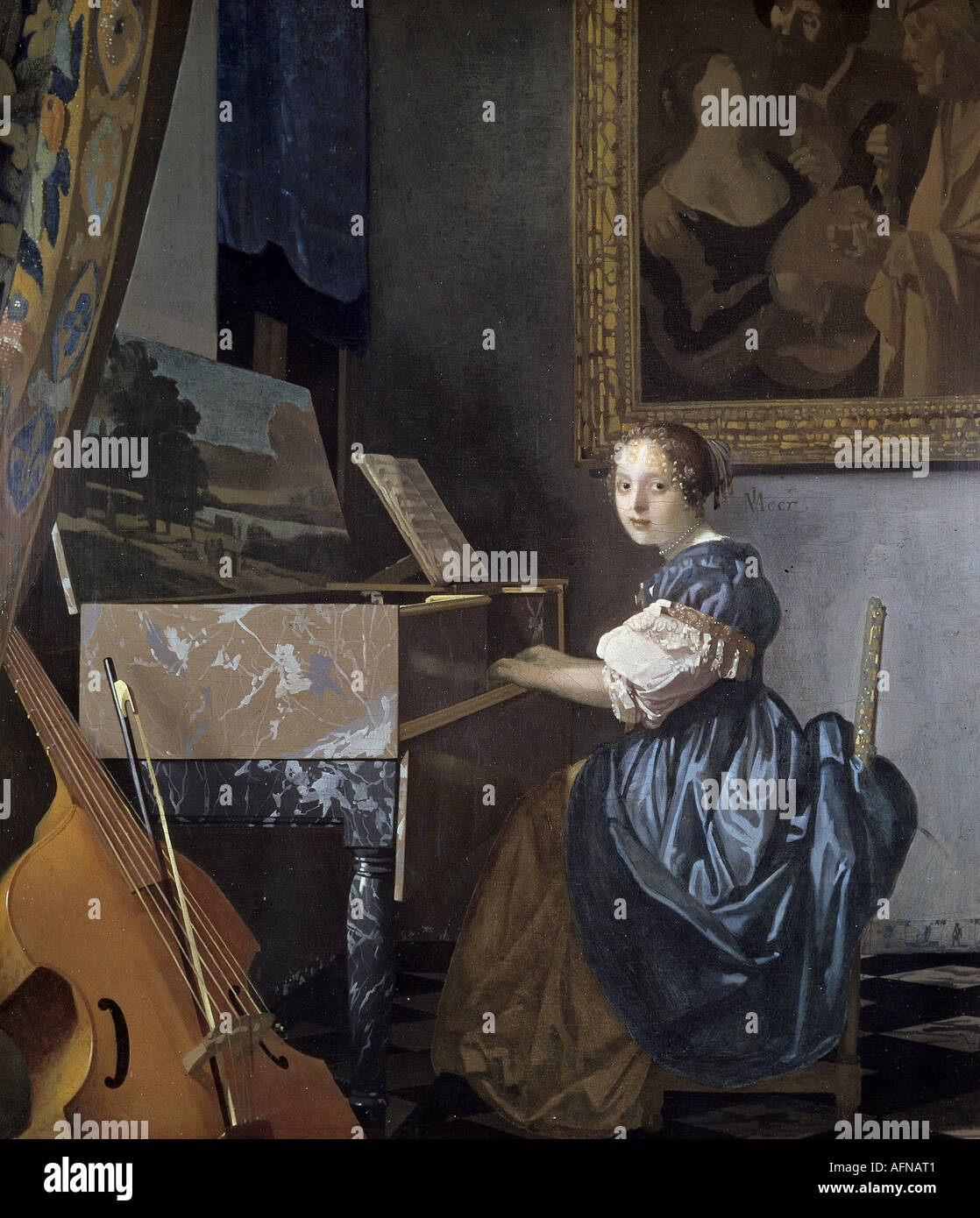 'fine arts, Vermeer, Jan, (1632 - 1675), painting, 'A Lady Seated at a Virginals', ca. 1672, National Gallery, London, Johanne Stock Photo