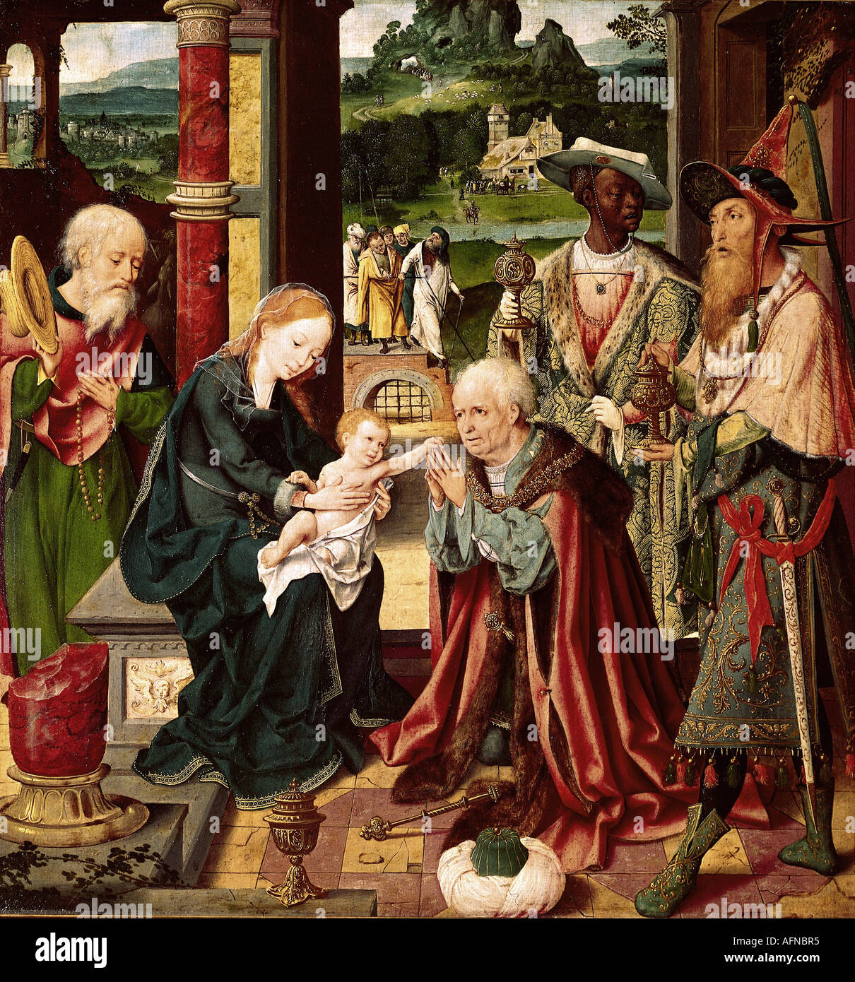 'fine arts, Cleve, Joos van, (1485 - 1540), painting, 'Adoration of the Magi', winged altar, central panel, oak panel, Nationa Stock Photo