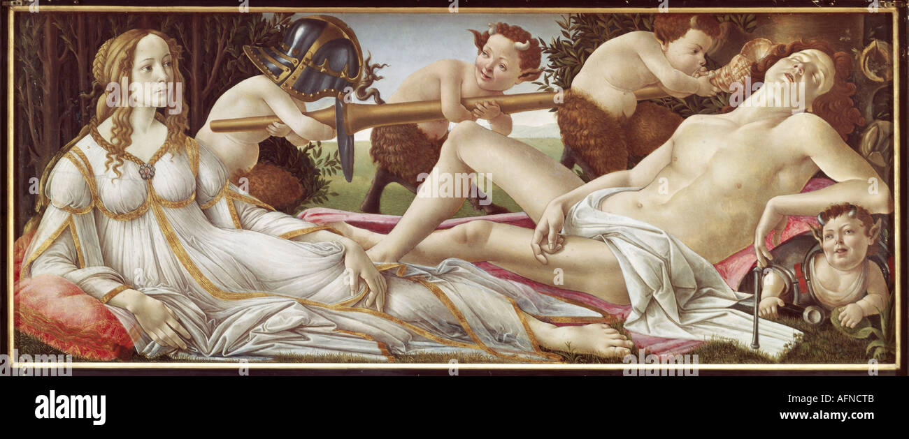 'fine arts, Botticelli, Sandro, (1445 - 1510), painting, 'Venus and Mars', circa 1480, tempera on wood, 69 cm x 174 cm, Nation Stock Photo