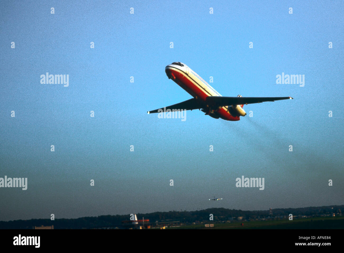 Jet aircraft airplane lands takes off at Sarasota Florida airport Stock Photo