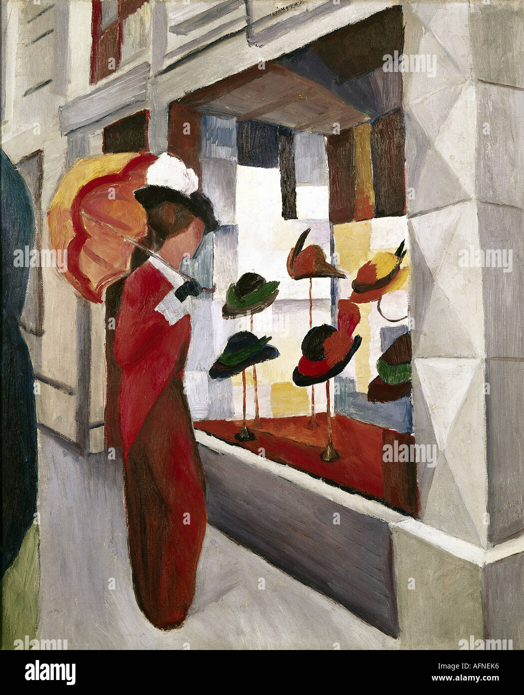 'fine arts, Macke, August, (1887 - 1914), painting, 'Frau mit Sonnenschirm vor einem Hutladen', ('woman with parasol in front Stock Photo