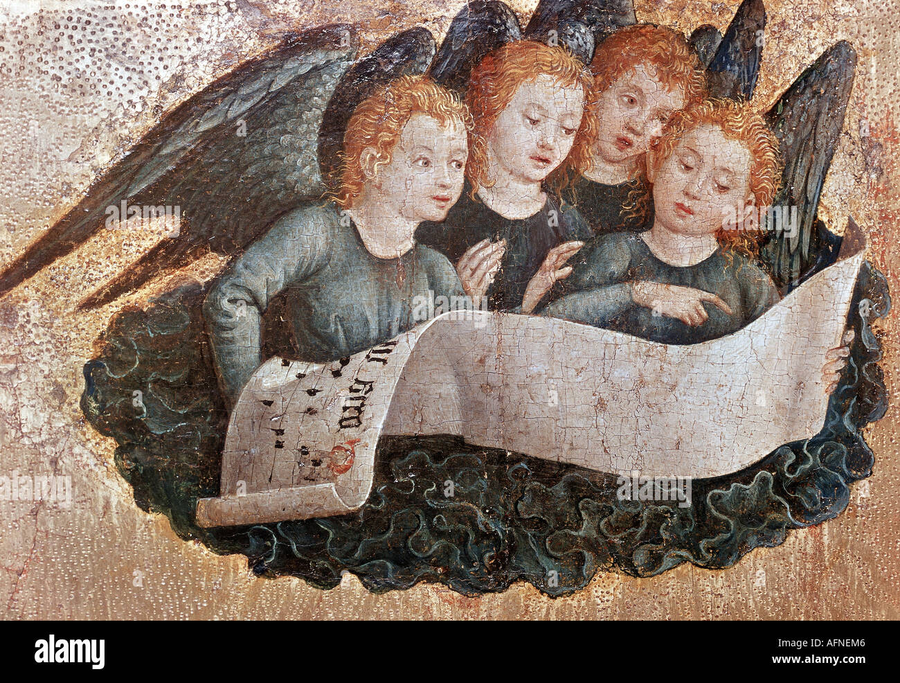 'fine arts, religious art, angel, detail from painting 'Geburt Christi'(birth of christ), Alsace Master, circa 1460, Germanisc Stock Photo