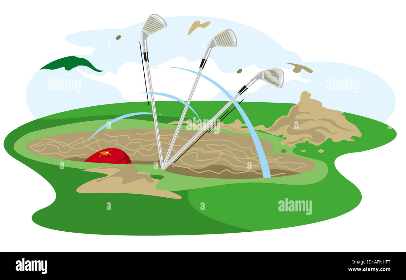 Three golf clubs in a sand trap Stock Photo Alamy