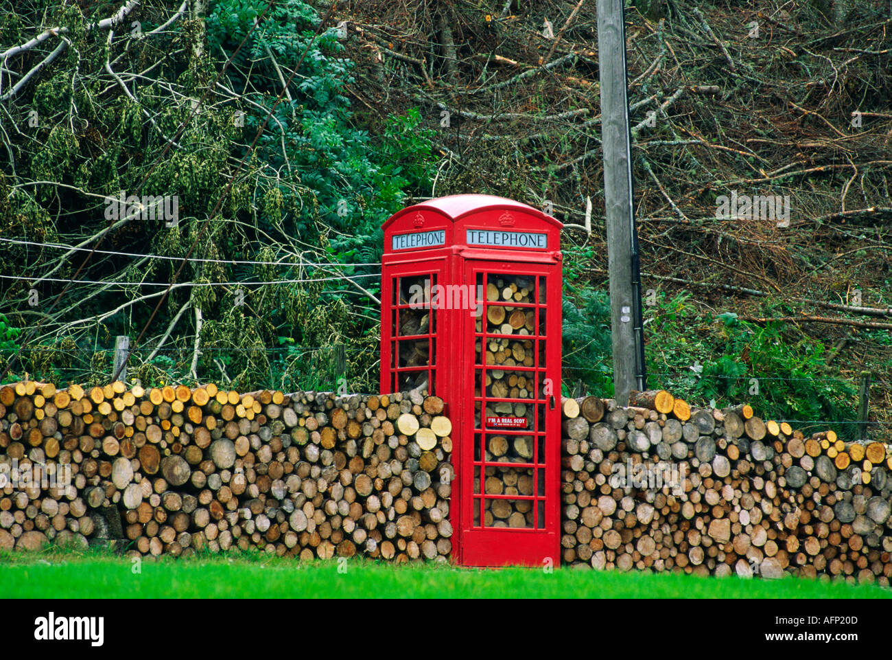 British classic red telephone phone box kiosk used as wood log store Stock Photo
