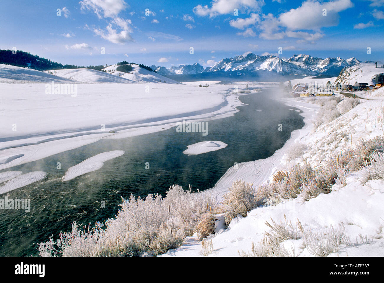 USA Idaho winter scene of the Sawtooth Mountains and Salmon river near