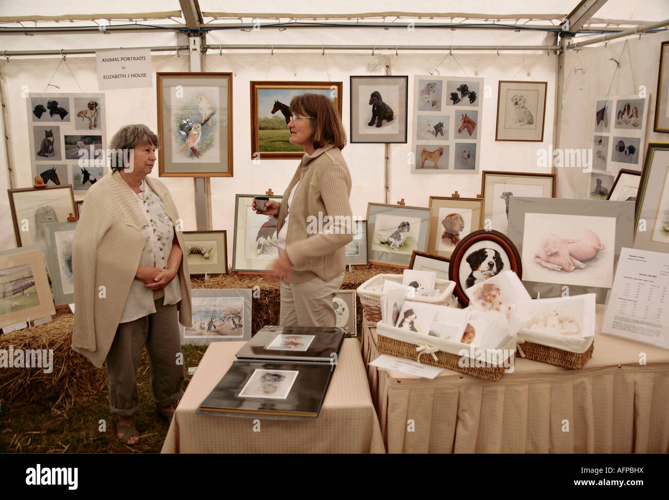 Animal portrait artist talking to a customer at her stand at Craft fair, England, UK Stock Photo