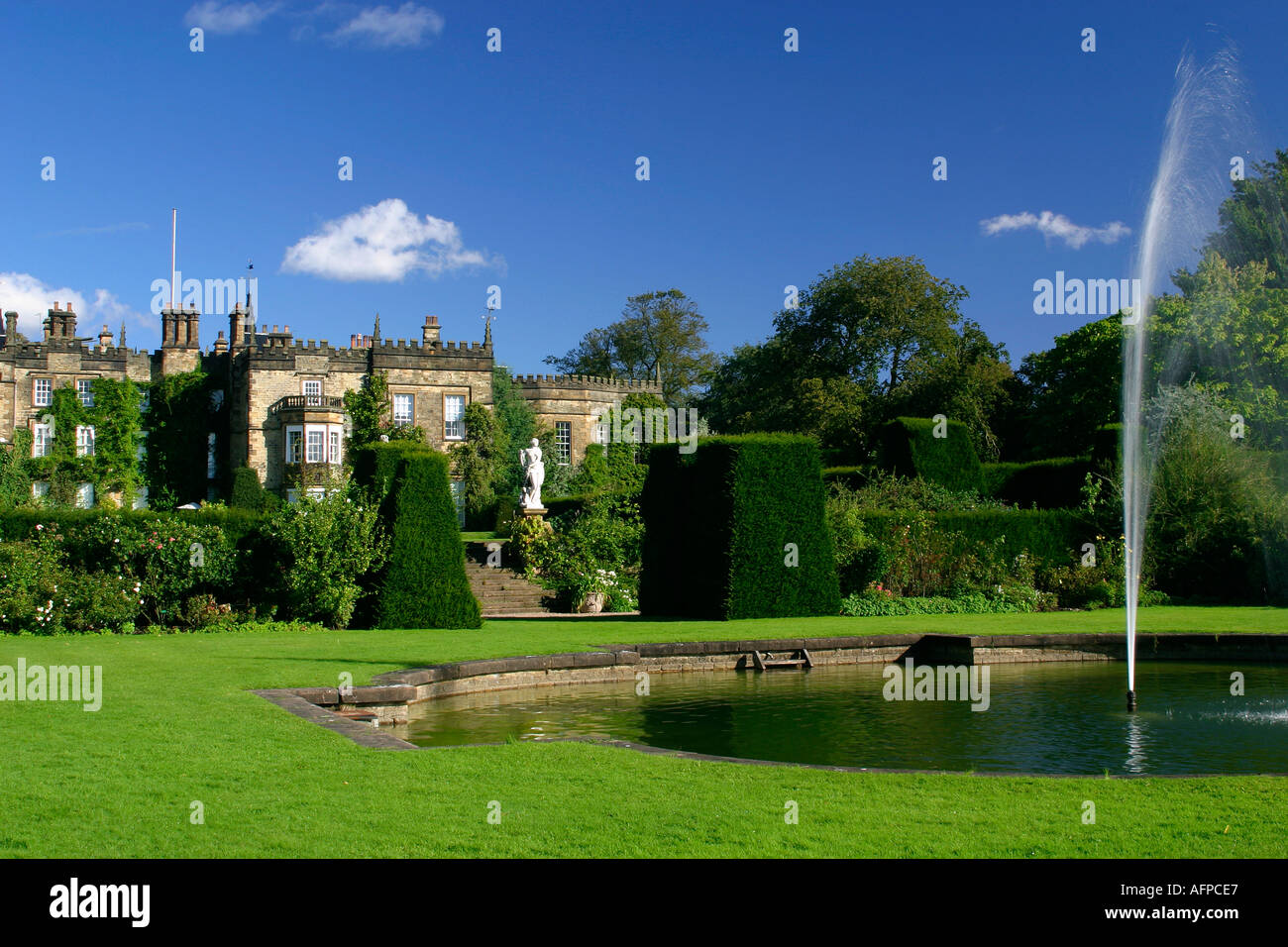 Renishaw Hall near Sheffield showing the garden and fountain in front of the house Stock Photo