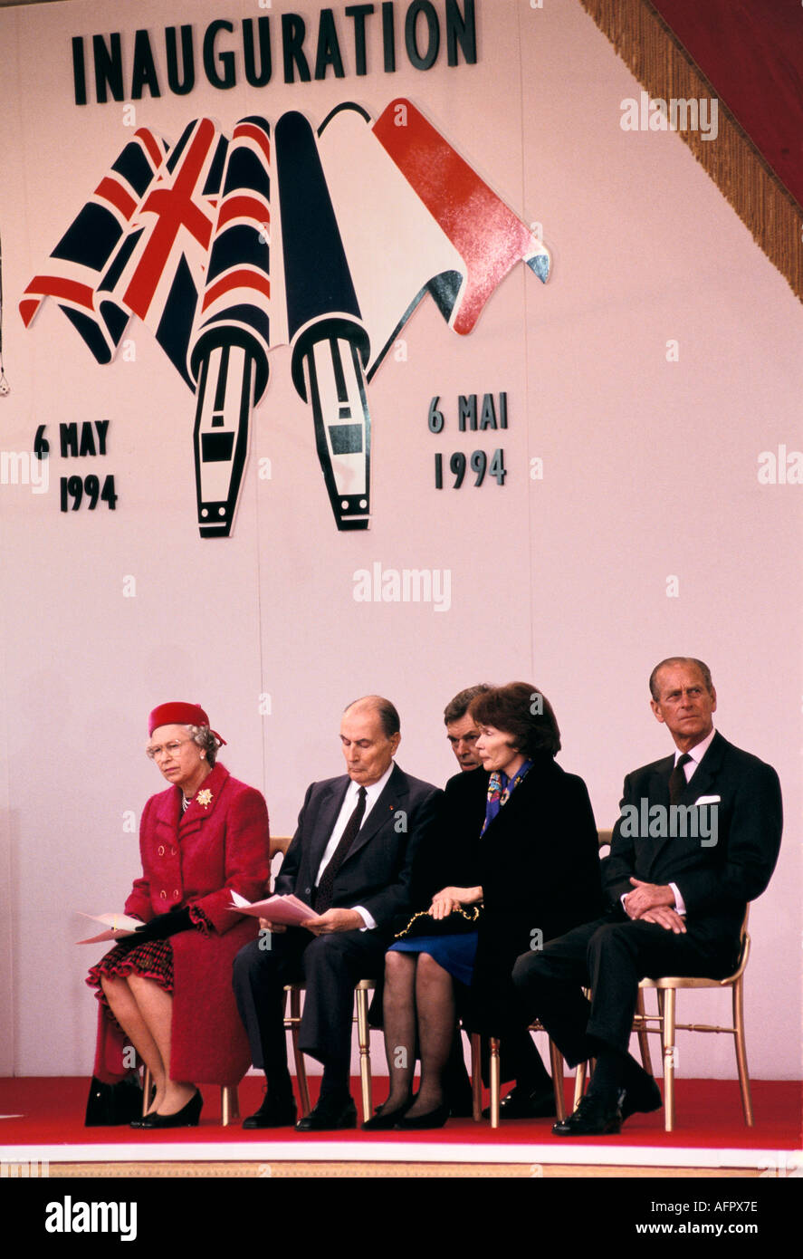 Queen Elizabeth and President Mitterrand  of France at The Channel Tunnel Le Shuttle Inauguration Folkestone Kent May 6th 1994 UK 1990s HOMER SYKES Stock Photo