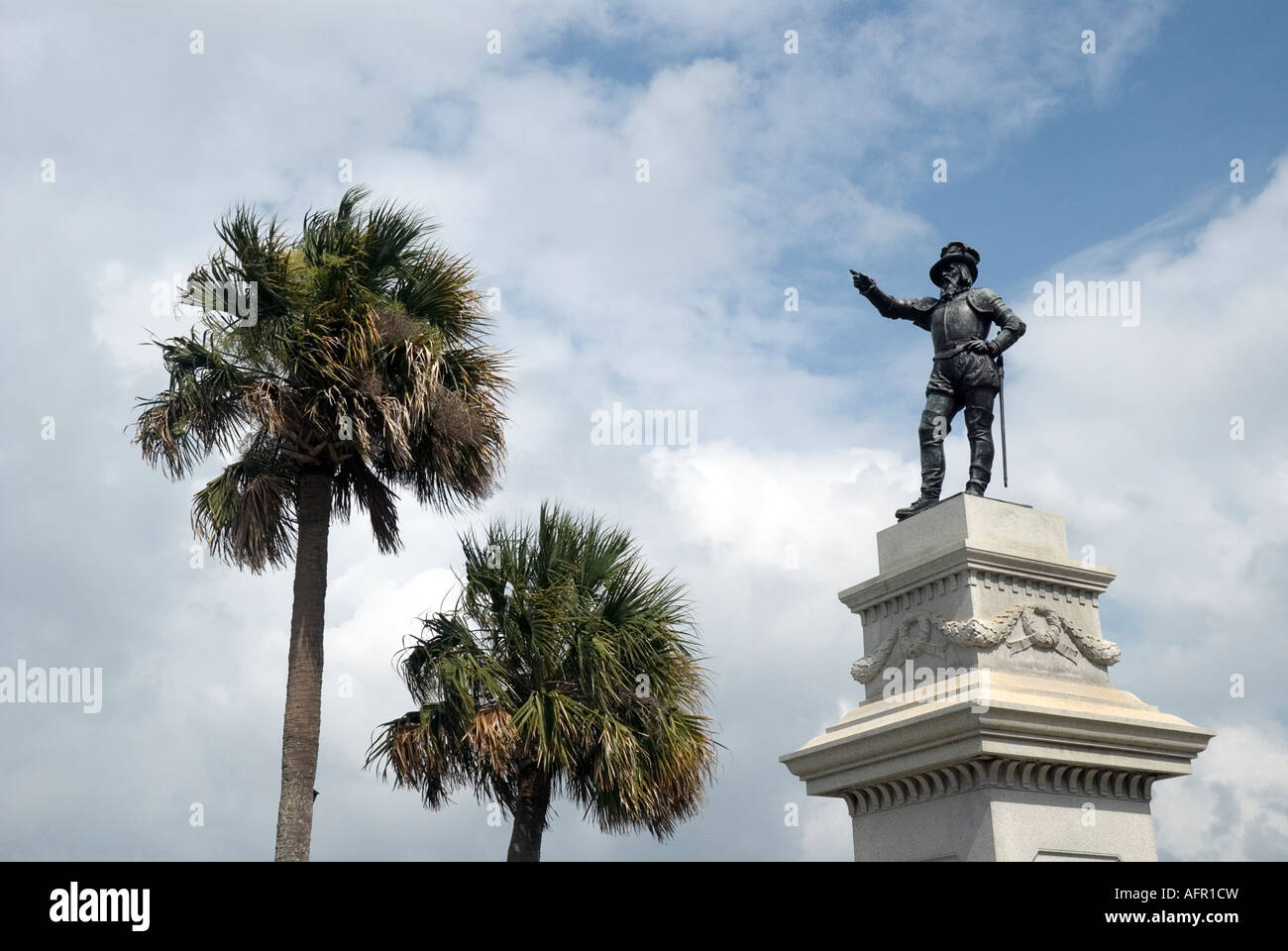 statue of the discoverer of Florida Juan Ponce De Leon who landed near this spot in 1513 St Augustine Florida Stock Photo