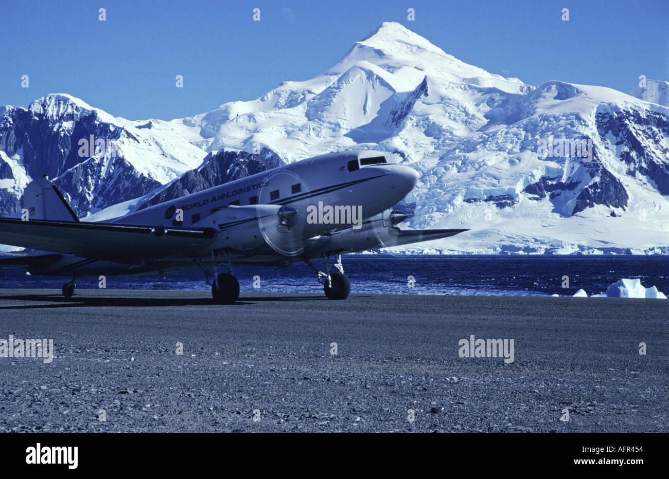 Basler Turbo BT 67 aircraft about to take off from airstrip at Rothera Station UK Antarctica Stock Photo
