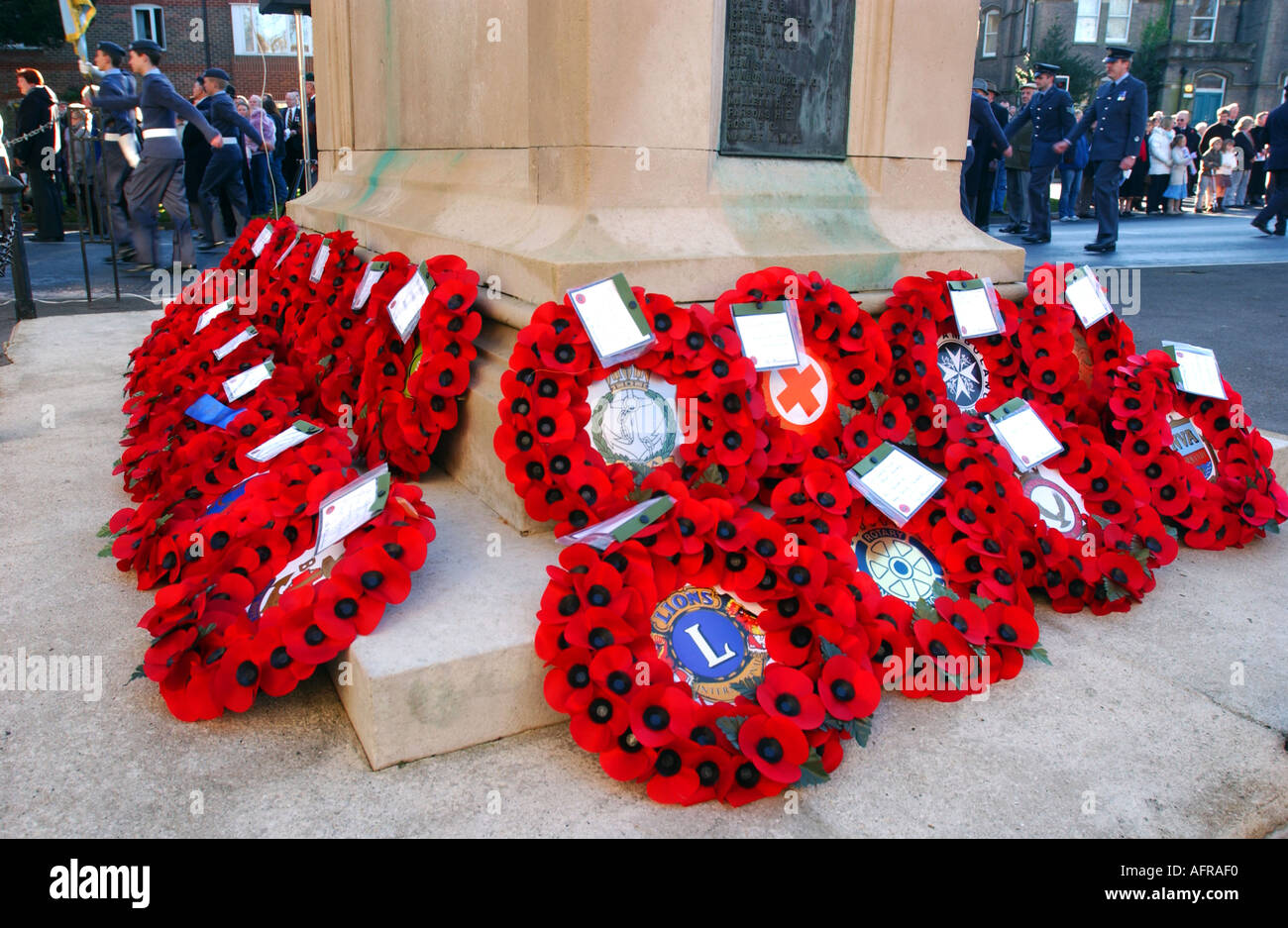 Close up of Poppy wreaths at a cenotaph during a Remembrance Service Stock Photo