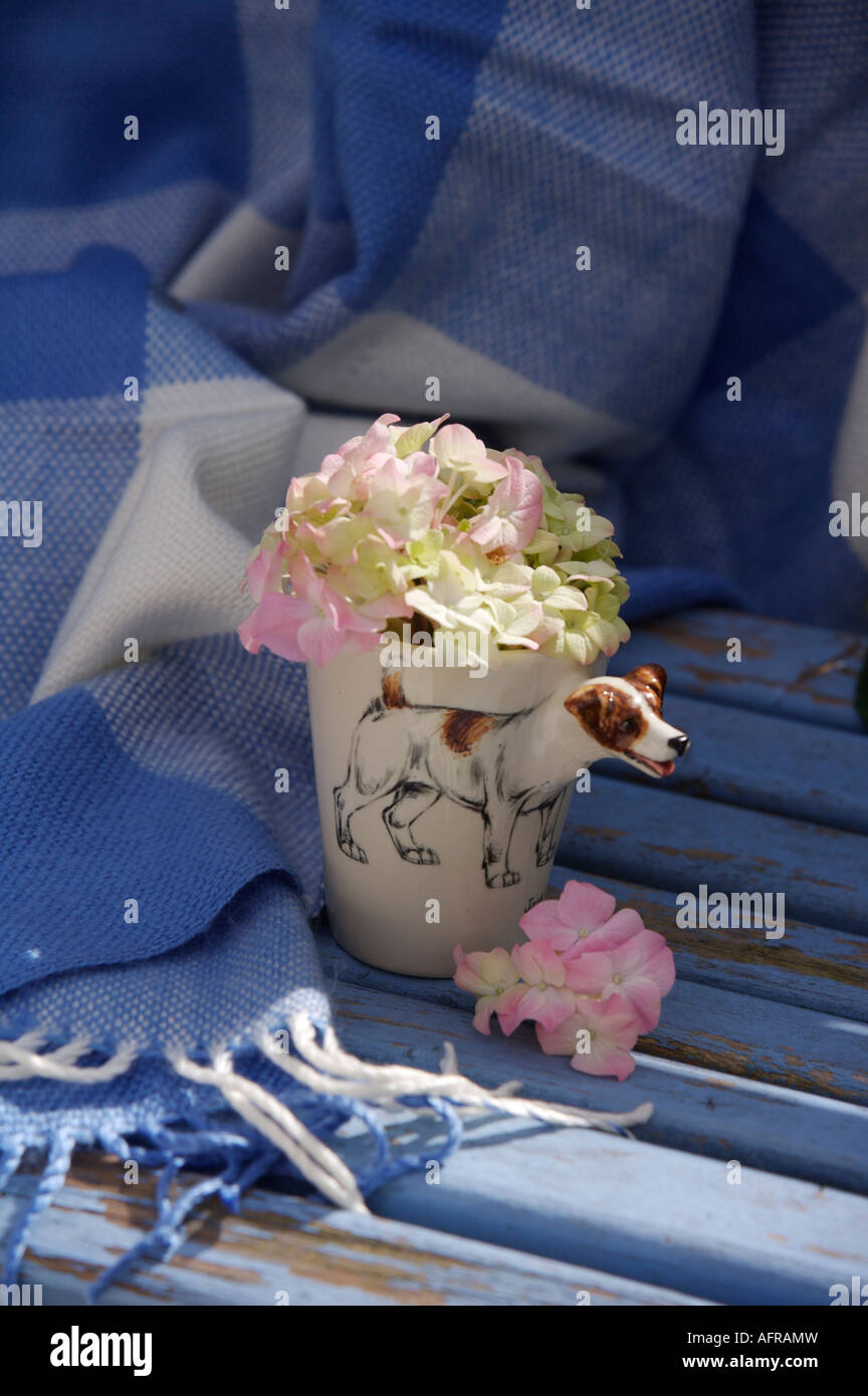 Posy of pale pink phlox and cream hydrangeas in novelty foxhound cup on blue and white checked rug Stock Photo