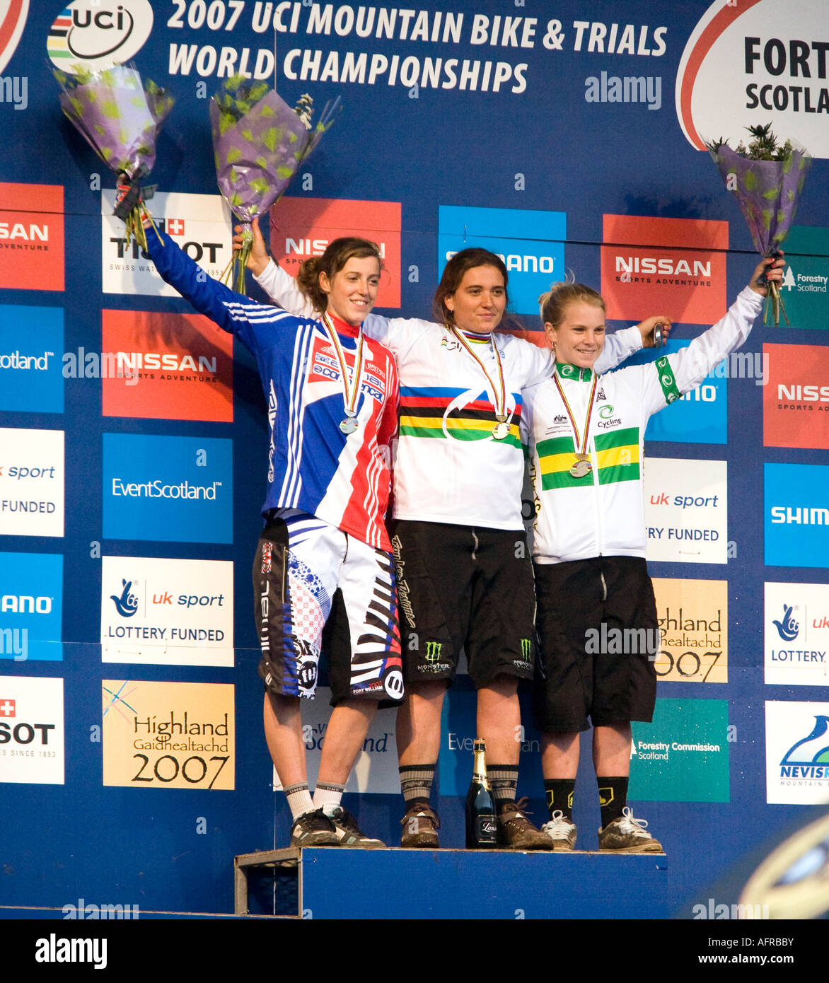 Winners of the Junior Womens downhill race at the UCI World Championships race at Fort William 2007 Stock Photo