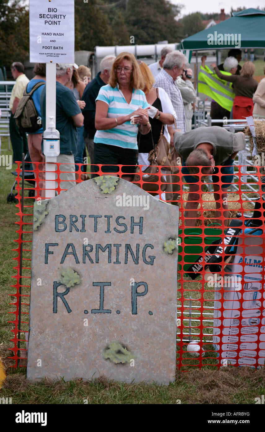 Fake headstone painted with the inscription, British Farming RIP (Rest in Peace). Sheep Fair, Sussex, England, UK Stock Photo