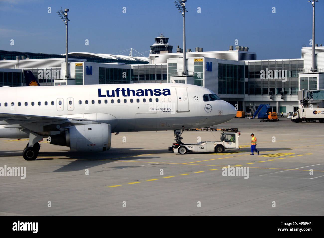 Lufthansa plane at Terminal 2 at Munich airport, Bavaria, Germany, Europe. Photo by Willy Matheisl Stock Photo