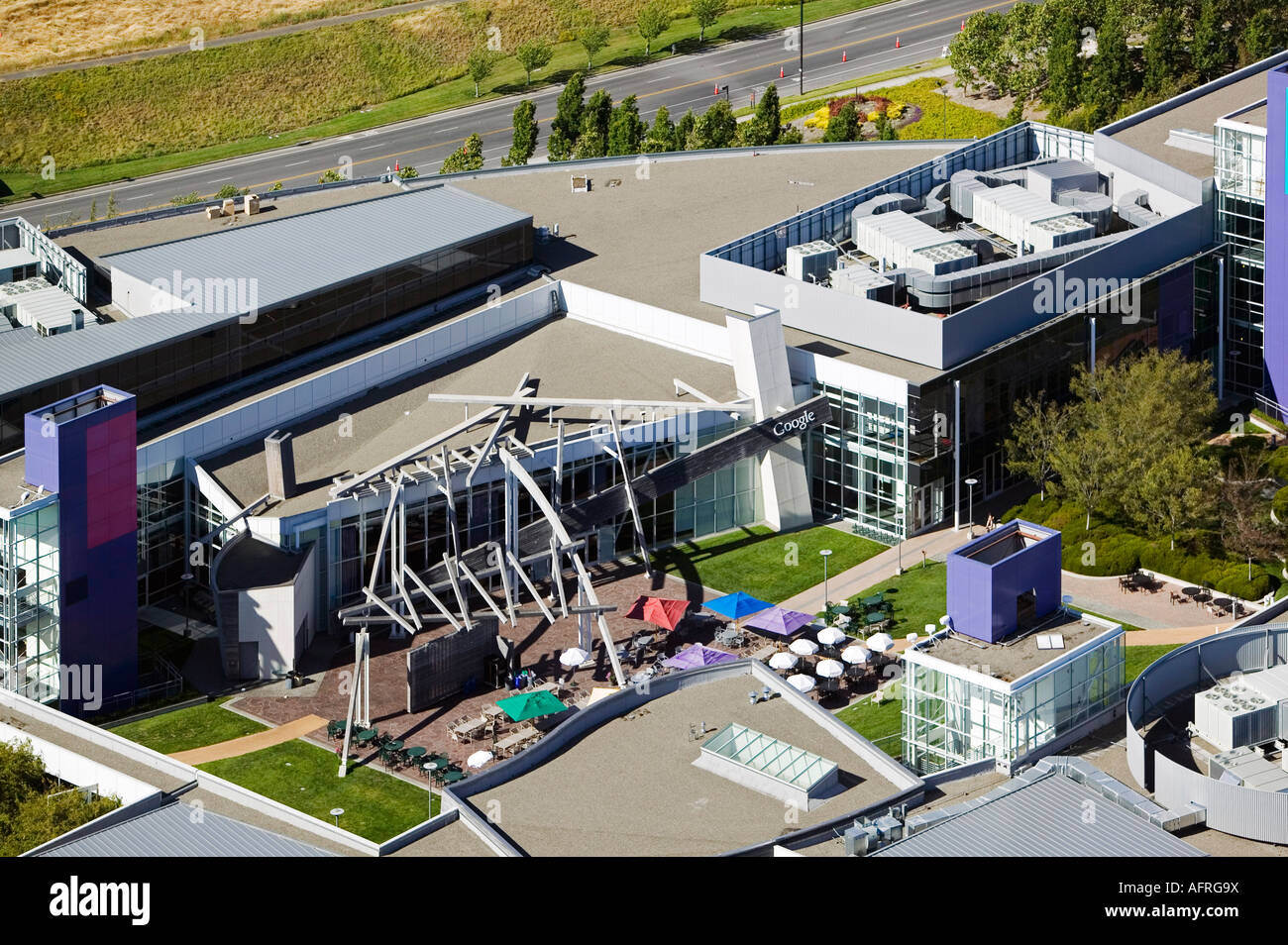 aerial view above Google Mountain View CA silicon valley Stock Photo