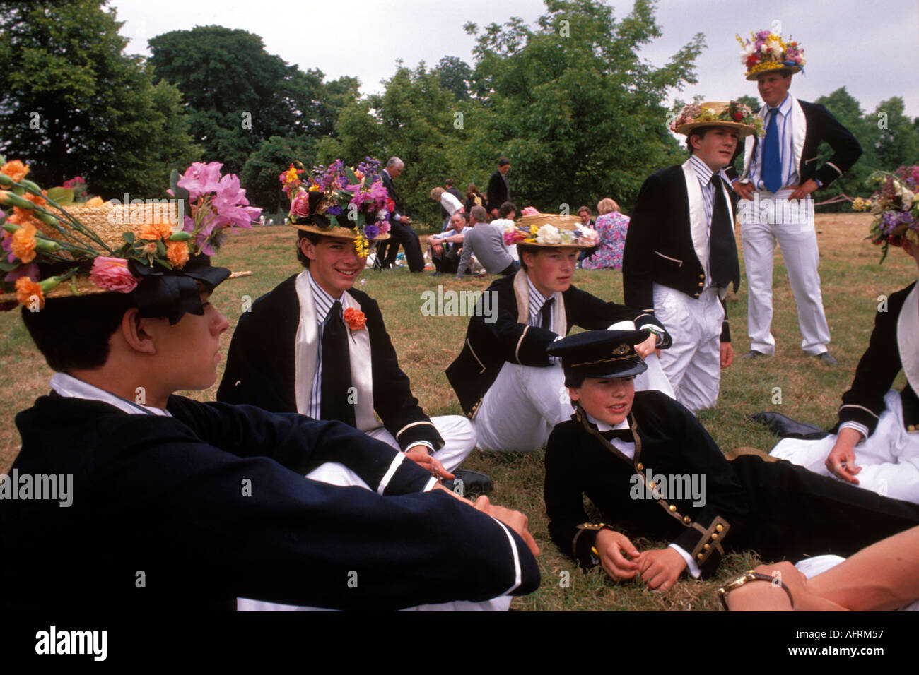 Public School Private Education 1980s UK. Eton schoolboys privileged wealthy 4th June Parents Day. Windsor Berkshire 1980s 1985 UK HOMER SYKES Stock Photo